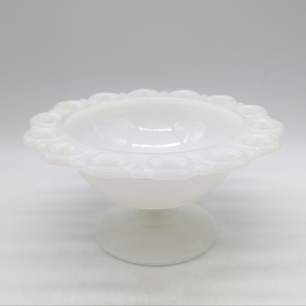Vintage Anchor Hocking Lace Edge Milk Glass Footed Compote Candy Pedestal Dish